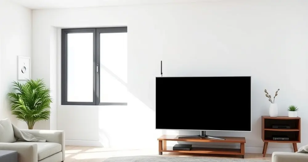 televisão em sala clara com antena digital ao lado