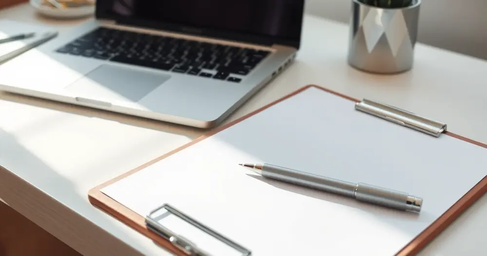 Folha em branco e caneta sobre prancheta ao lado de notebook em mesa organizada