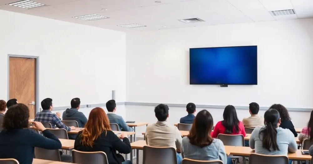 sala de aula com televisão exibindo conteúdo audiovisual para estudantes