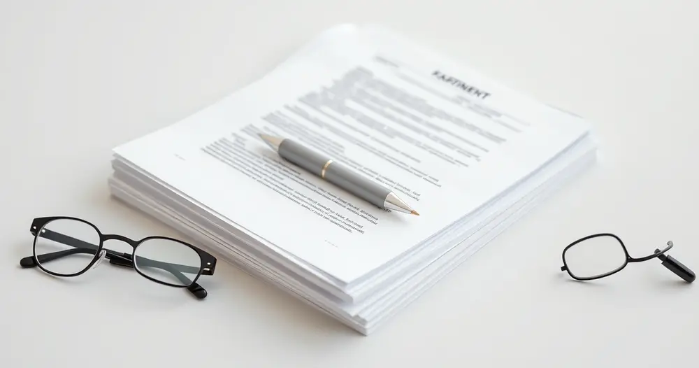 Pilha de documentos impressos oficiais e uma caneta sobre mesa, ao lado de óculos de leitura