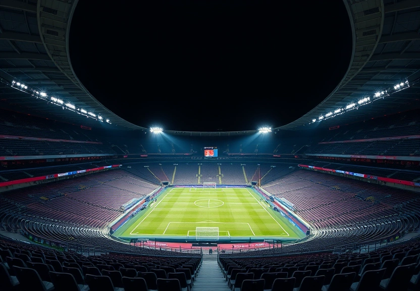 Estádio de futebol vazio à noite, com os refletores acesos