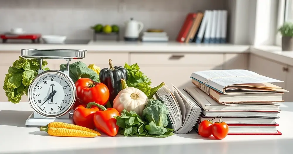 Legumes frescos e balança de cozinha ao lado de livros fechados sobre bancada clara