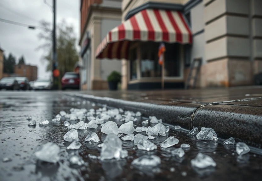 Pedras de granizo na rua molhada depois do temporal