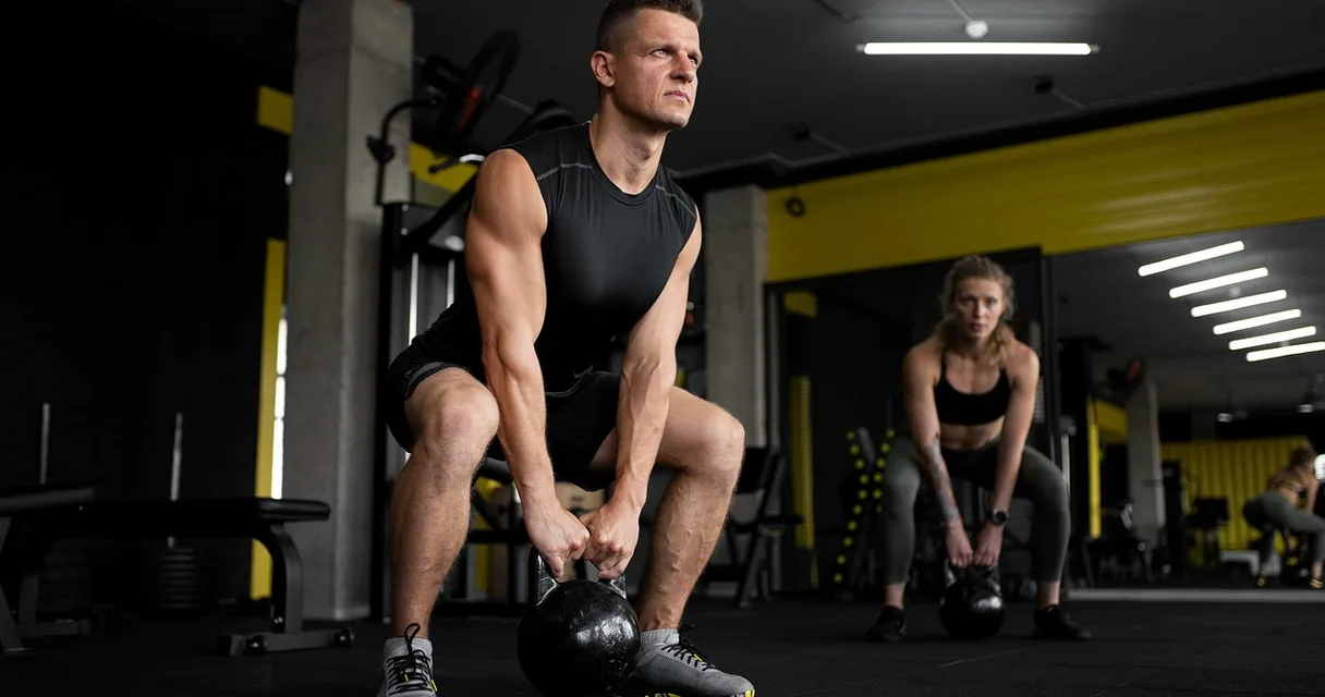 Homem fazendo agachamento com kettlebell em um treino funcional